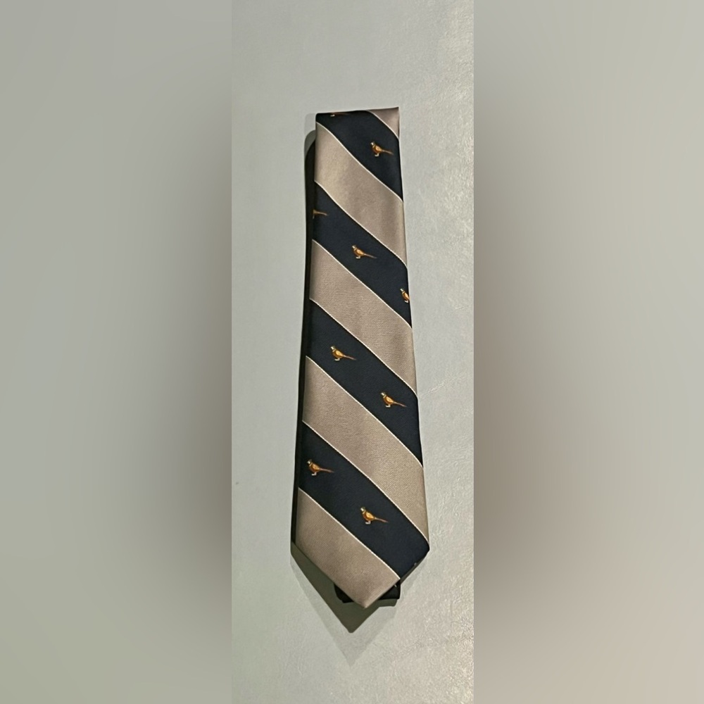 Emilio Sandrini Classic Blue and Silver Striped Tie with Bird Design